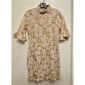 Pretty Little Thing Dress All Over Lace Sheath Women Sz S/4 Midi Ivory High Neck